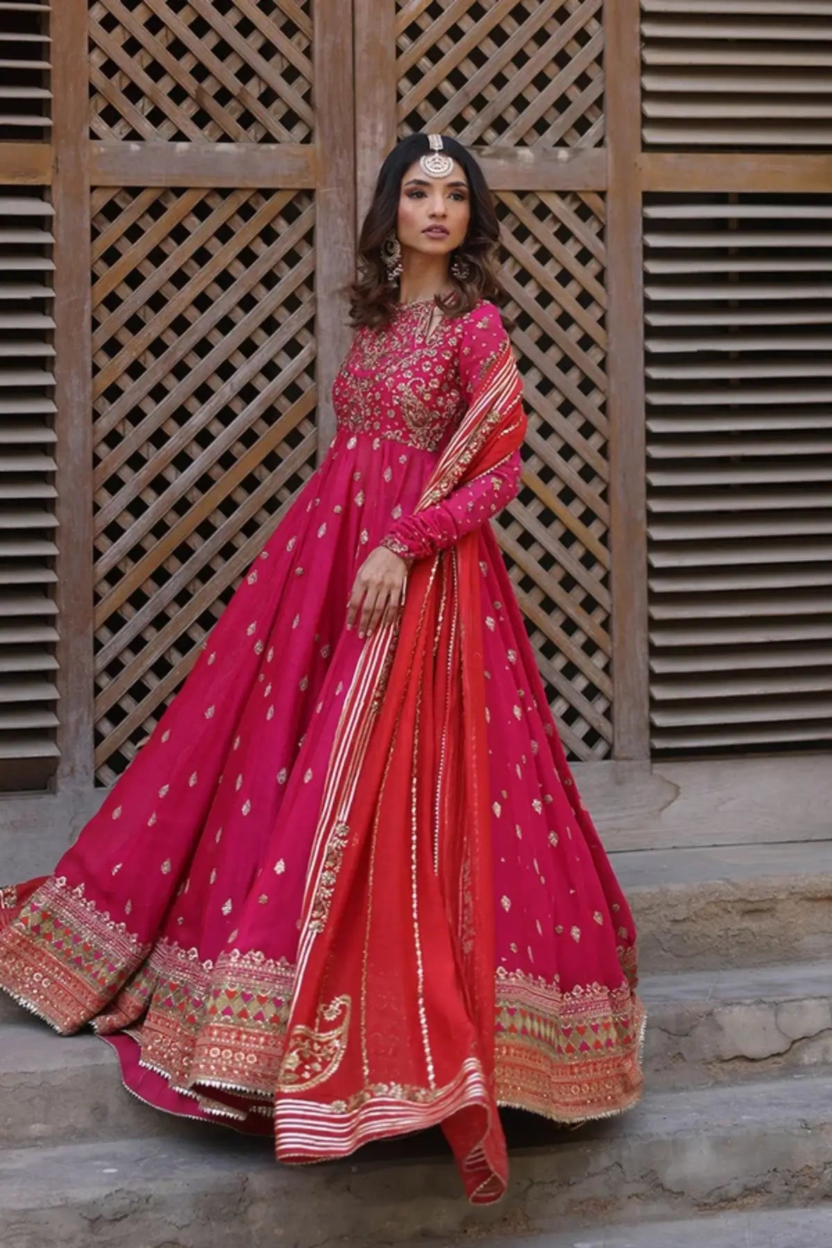 Ersa Fuchsia Pink Zardozi Silk Net Wedding Pishwas with Cotton Silk Lehenga