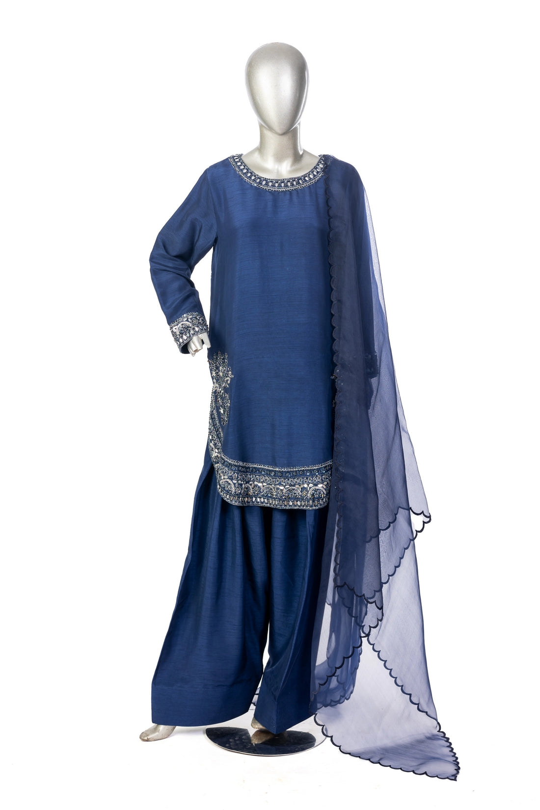 Erum Navy Blue Korean Silk Suit with short shirt, farshi shalwar & organza dupatta. Perfect festive & wedding wear by MariamRaj at Pakistanimoda.