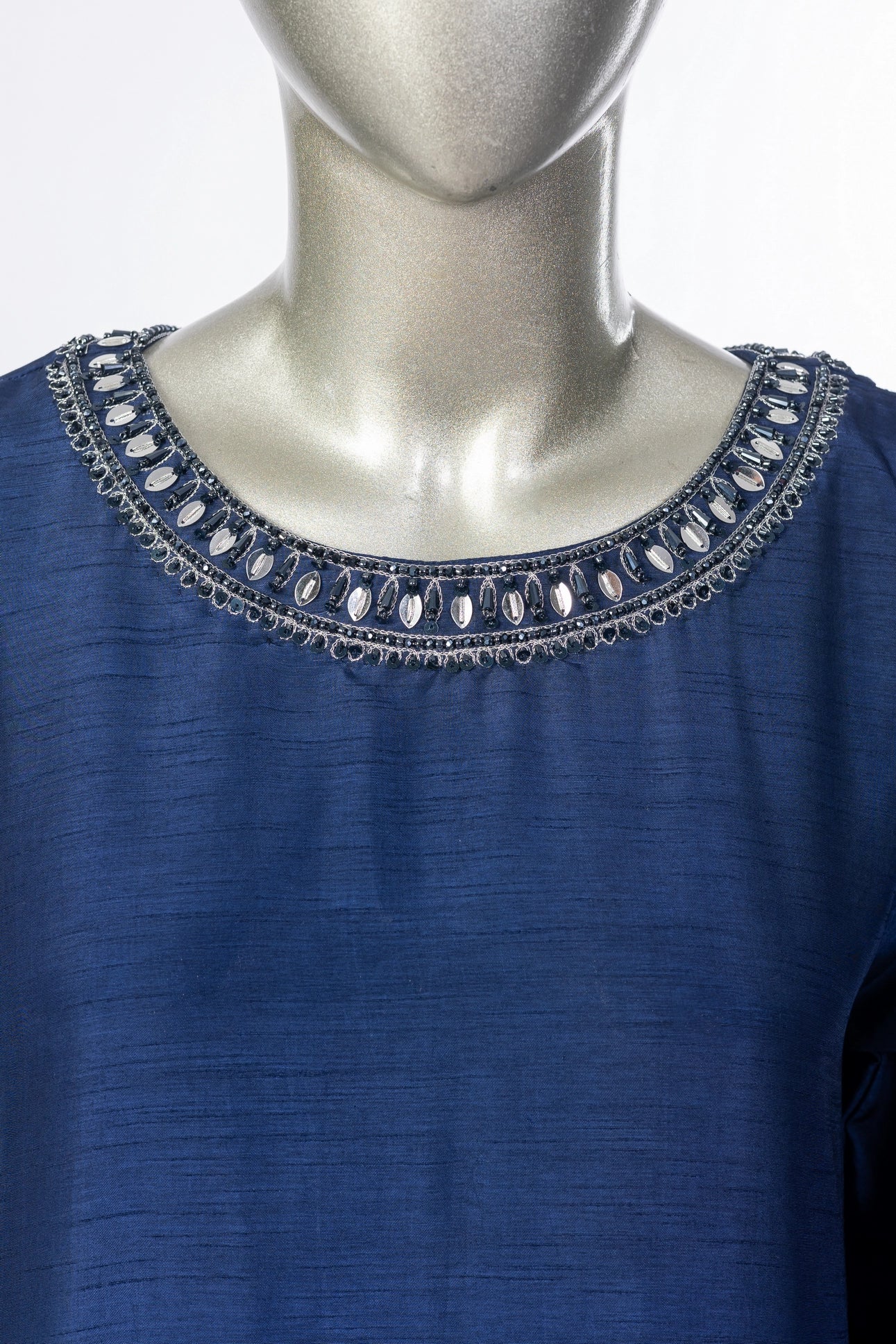 Erum Navy Blue Korean Silk Suit with short shirt, farshi shalwar & organza dupatta. Perfect festive & wedding wear by MariamRaj at Pakistanimoda.