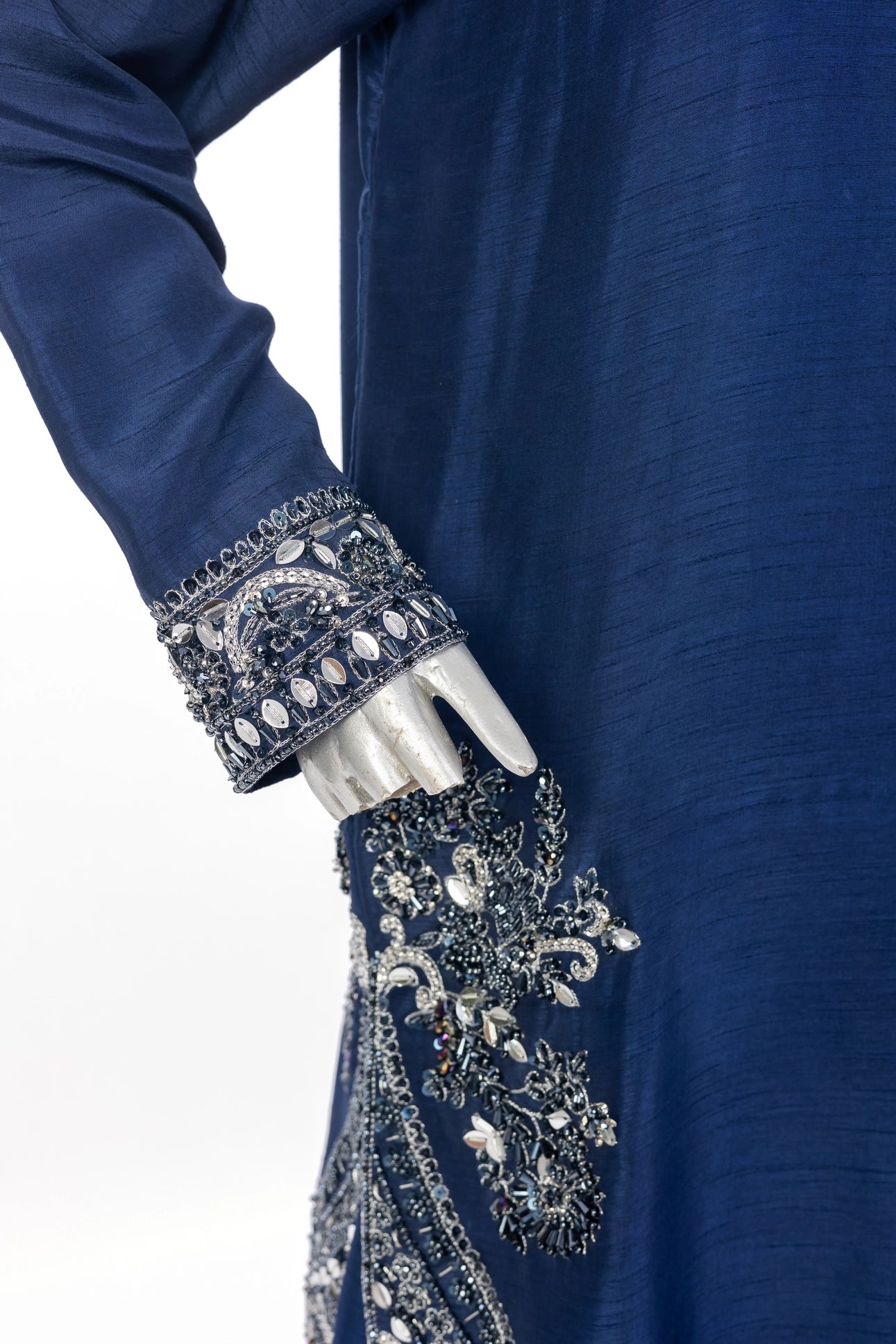 Erum Navy Blue Korean Silk Suit with short shirt, farshi shalwar & organza dupatta. Perfect festive & wedding wear by MariamRaj at Pakistanimoda.