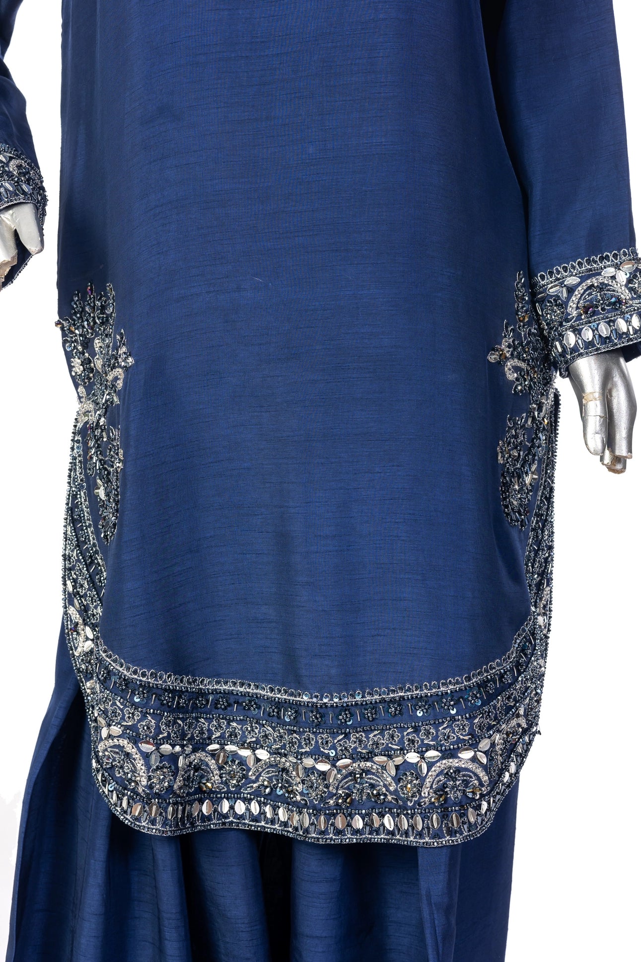 Erum Navy Blue Korean Silk Suit with short shirt, farshi shalwar & organza dupatta. Perfect festive & wedding wear by MariamRaj at Pakistanimoda.