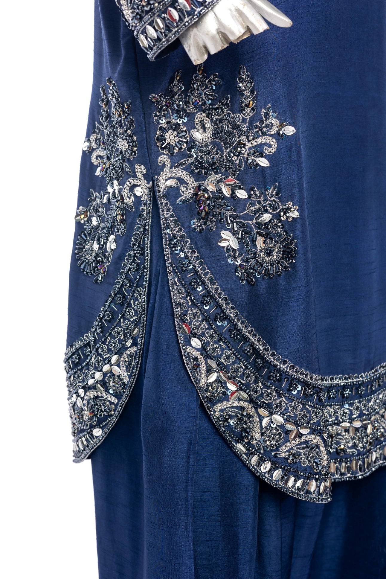 Erum Navy Blue Korean Silk Suit with short shirt, farshi shalwar & organza dupatta. Perfect festive & wedding wear by MariamRaj at Pakistanimoda.