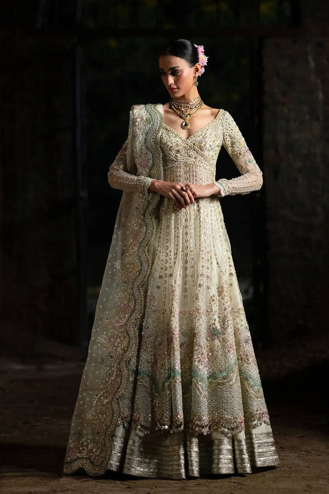 Ivory organza lehenga outfit by Nyra for wedding and Eid elegance.