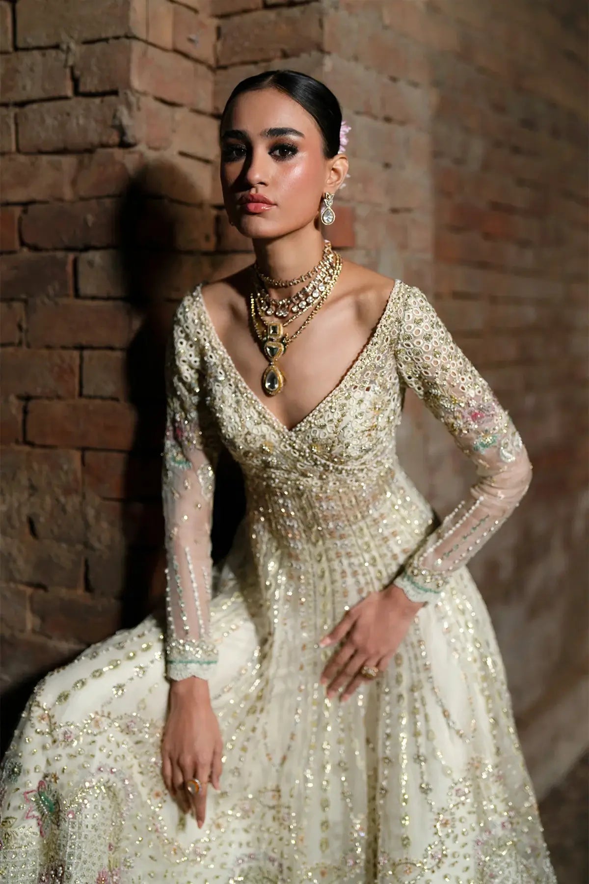 Ivory organza lehenga outfit by Nyra for wedding and Eid elegance.