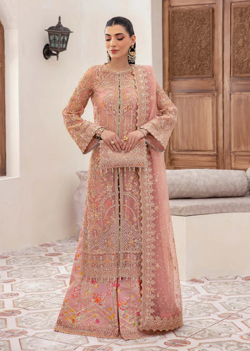 Peach organza Pakistani gown with sequin dupatta and printed flared trousers – ideal for formal wear and festive occasions in USA, UK, and Canada.