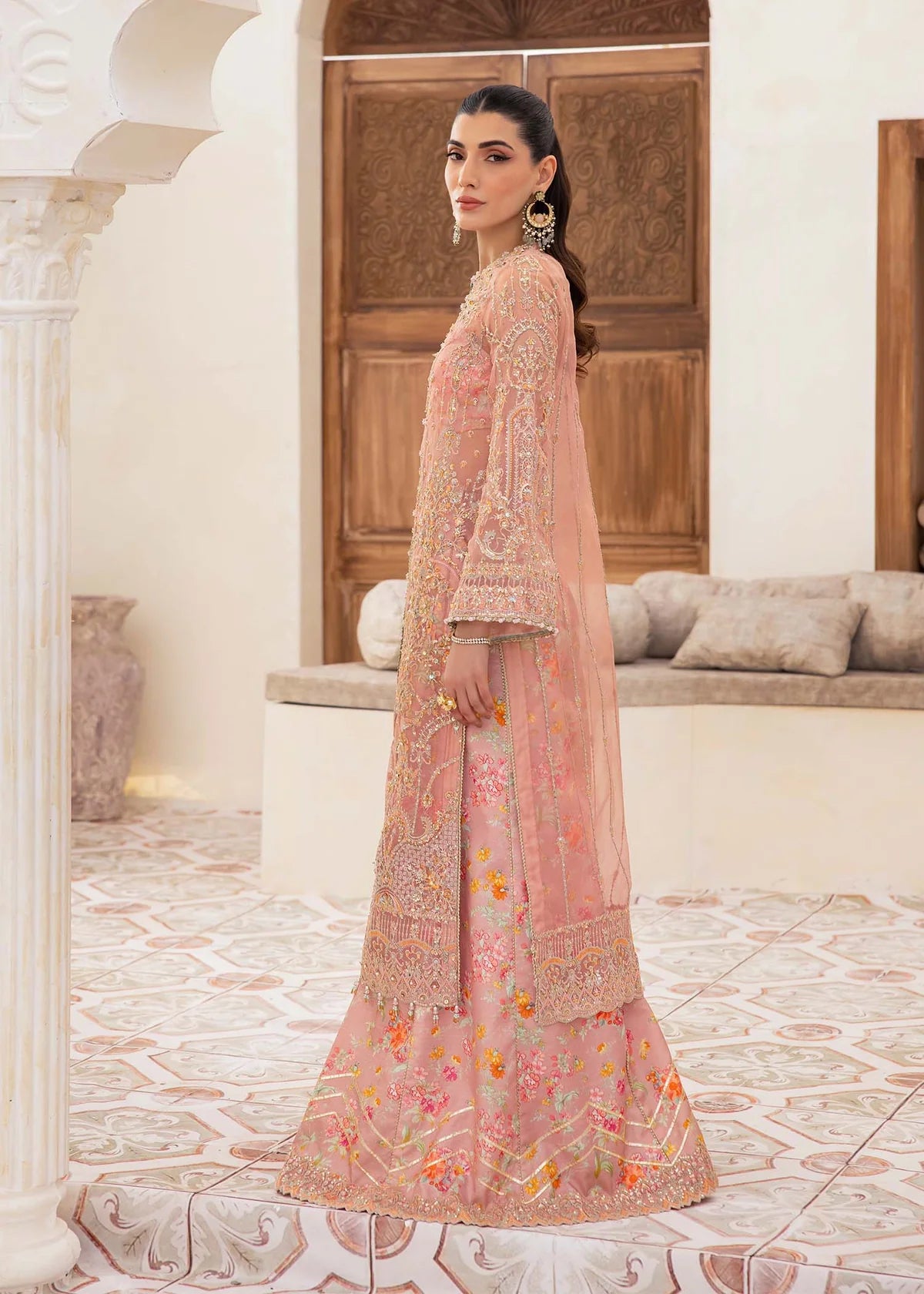 Peach organza Pakistani gown with sequin dupatta and printed flared trousers – ideal for formal wear and festive occasions in USA, UK, and Canada.