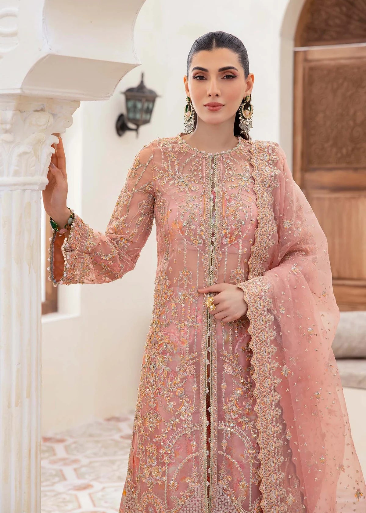 Peach organza Pakistani gown with sequin dupatta and printed flared trousers – ideal for formal wear and festive occasions in USA, UK, and Canada.