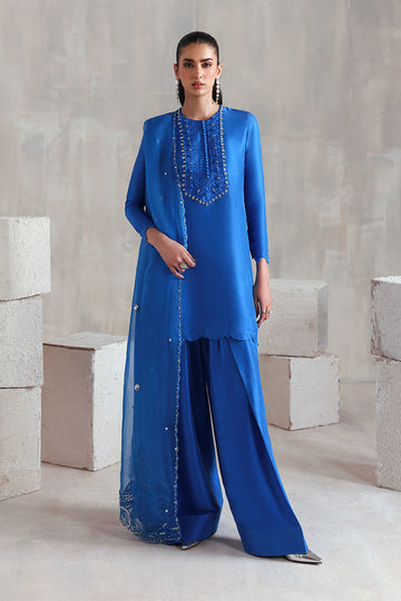 Blue Pakistani raw silk short shirt and trouser set with organza dupatta – elegant outfit for formal wear worldwide.