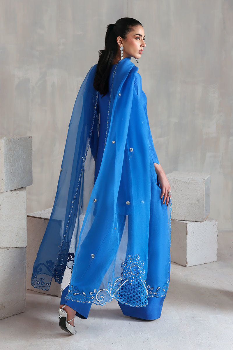 Blue Pakistani raw silk short shirt and trouser set with organza dupatta – elegant outfit for formal wear worldwide.