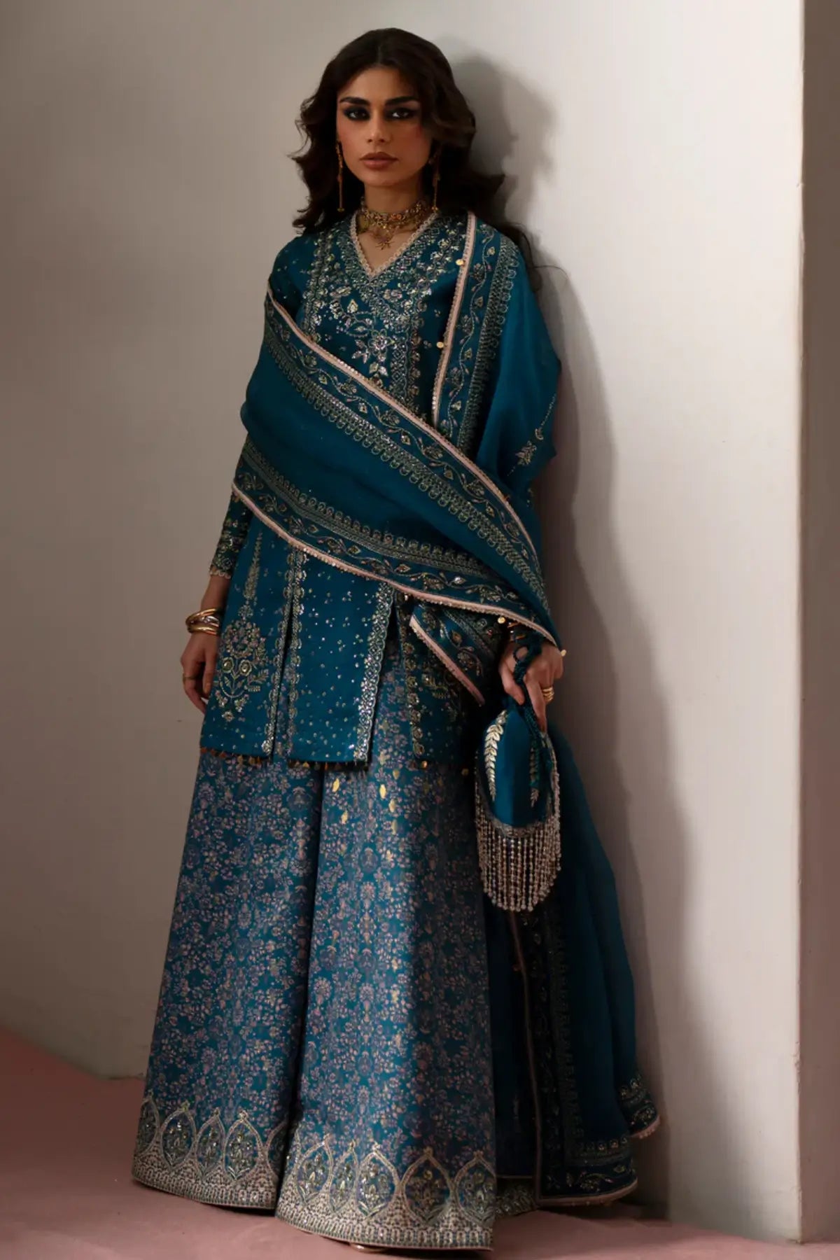 Saad Bin Shahzad Lightweight Teal Stitched Sharara Outfit Esila With Short Shirt And Organza Dupatta For Eid Pakistanimoda.