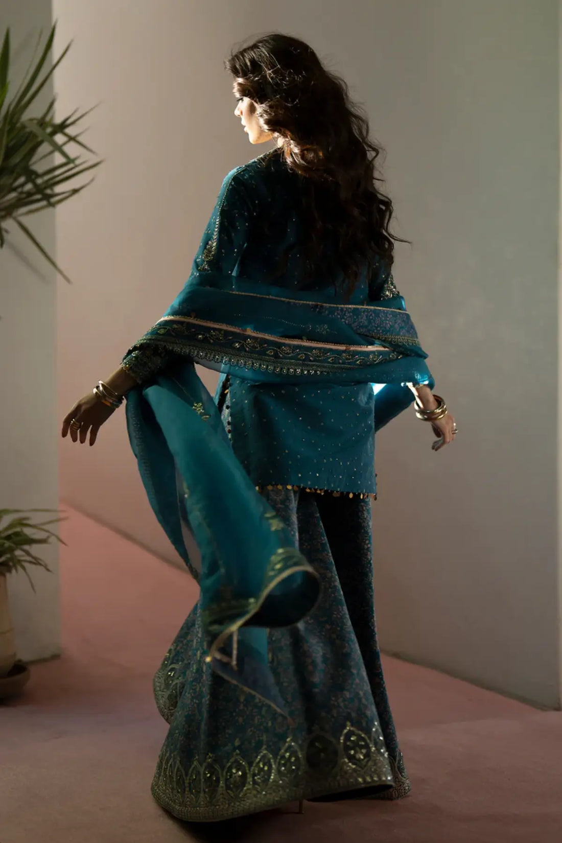 Saad Bin Shahzad Lightweight Teal Stitched Sharara Outfit Esila With Short Shirt And Organza Dupatta For Eid Pakistanimoda.