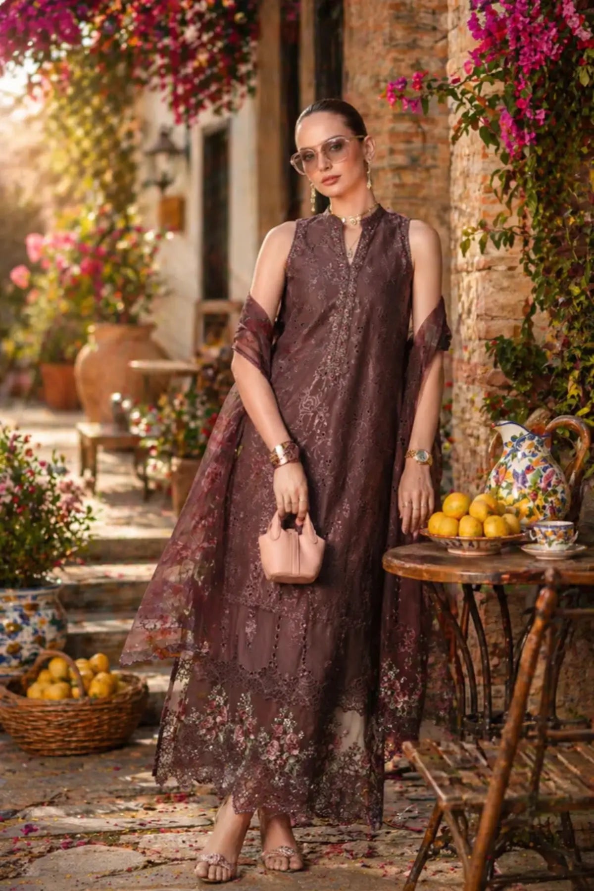 Espresso Rose D3 by Saadia Asad Mulberry Merlot Schiffli lawn 3PC with embroidered details and chiffon dupatta