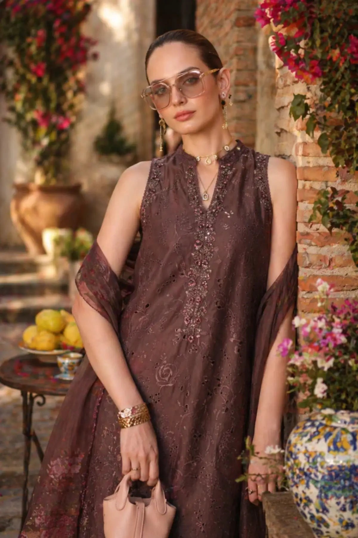 Espresso Rose D3 by Saadia Asad Mulberry Merlot Schiffli lawn 3PC with embroidered details and chiffon dupatta