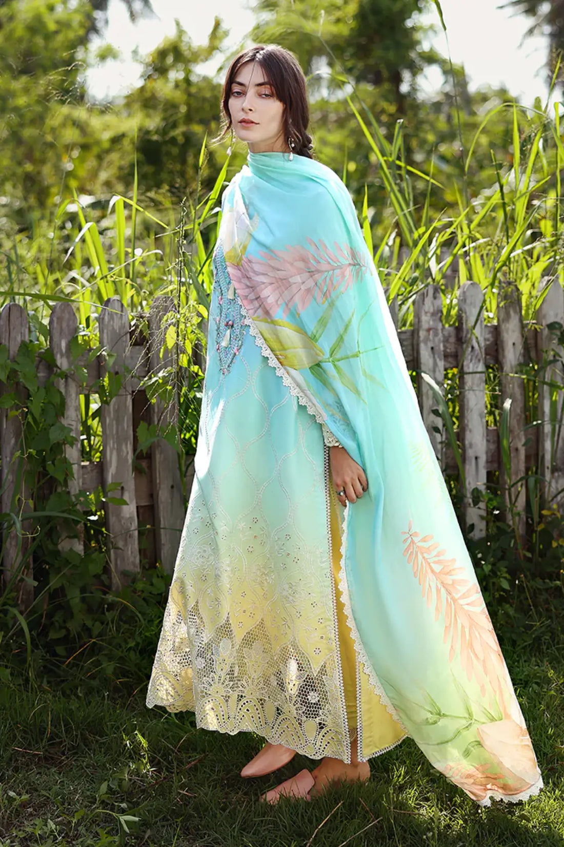 Ethereal Pause Mushq aqua yellow chikankari lawn 3pc stitched suit with silk dupatta