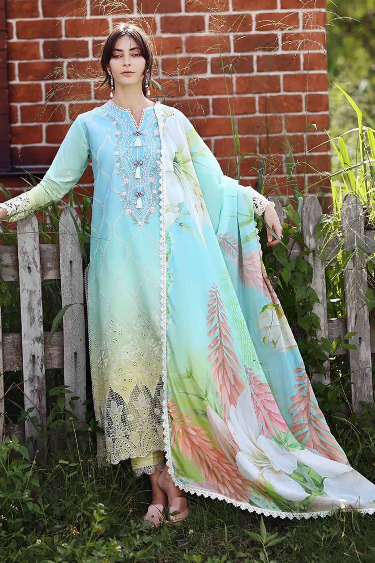 Ethereal Pause Mushq aqua yellow chikankari lawn 3pc stitched suit with silk dupatta