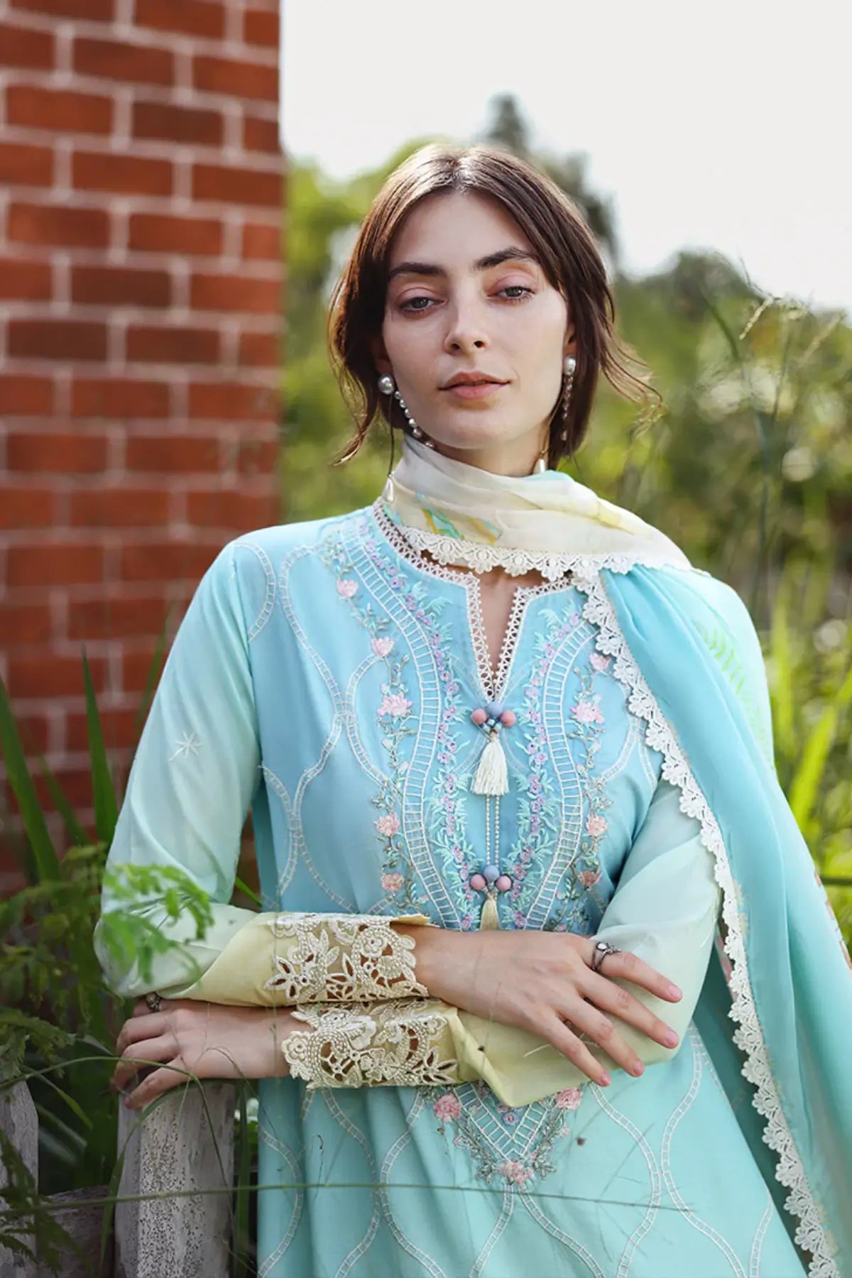 Ethereal Pause Mushq aqua yellow chikankari lawn 3pc stitched suit with silk dupatta