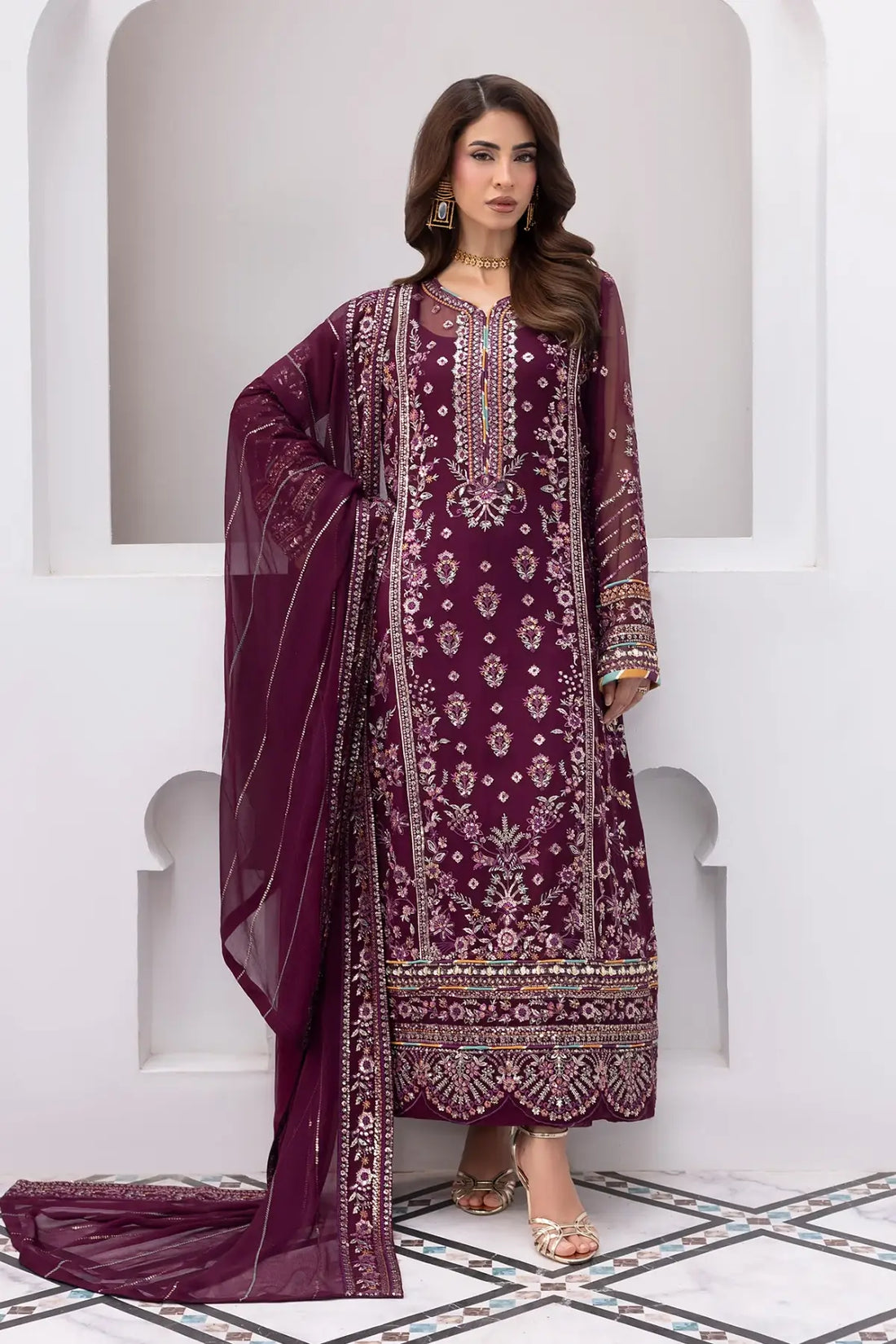 Etincelle Gulaal Maeri Luxury Chiffon Plum Stitched 3PC Suit with embroidered chiffon shirt, dupatta and raw silk trousers