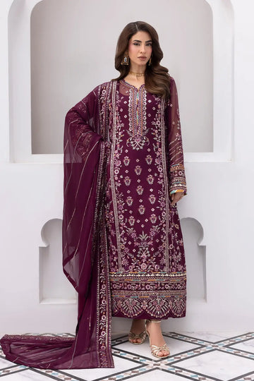Etincelle Gulaal Maeri Luxury Chiffon Plum Stitched 3PC Suit with embroidered chiffon shirt, dupatta and raw silk trousers