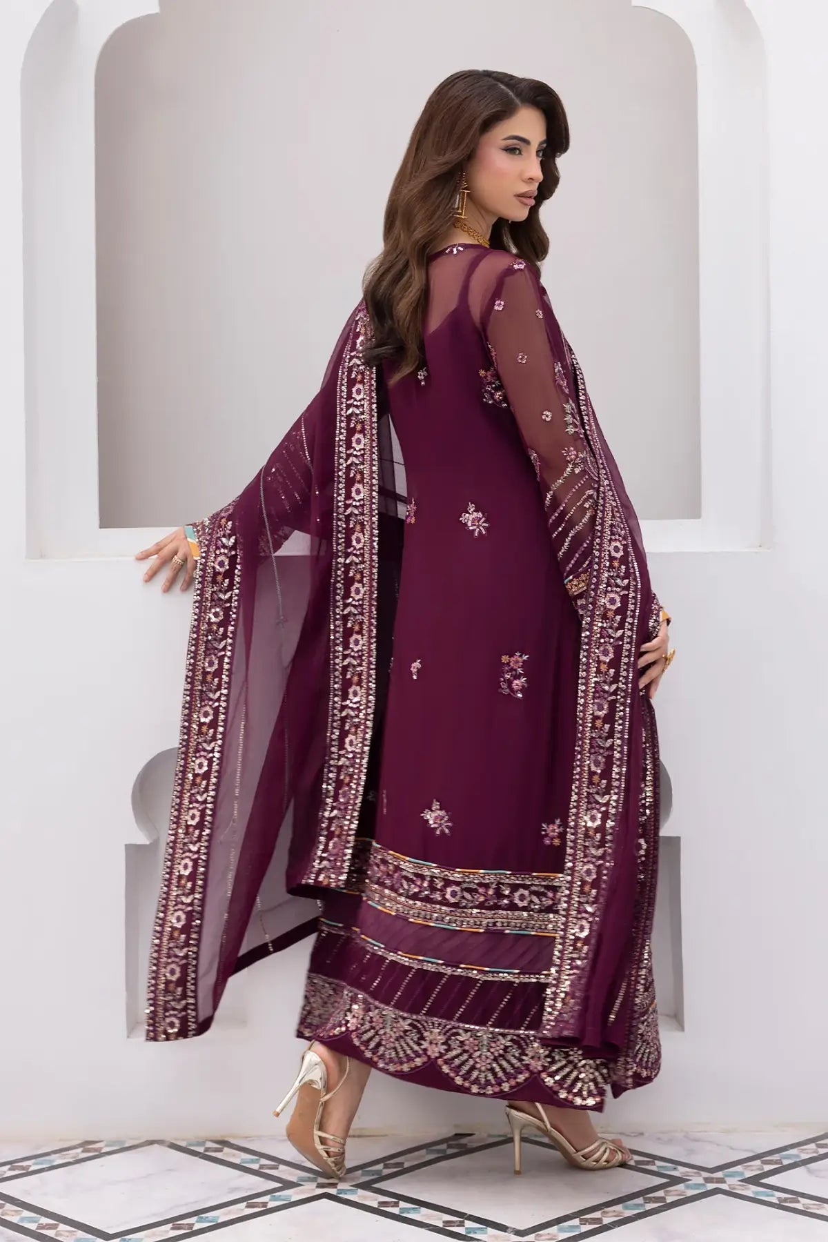 Etincelle Gulaal Maeri Luxury Chiffon Plum Stitched 3PC Suit with embroidered chiffon shirt, dupatta and raw silk trousers