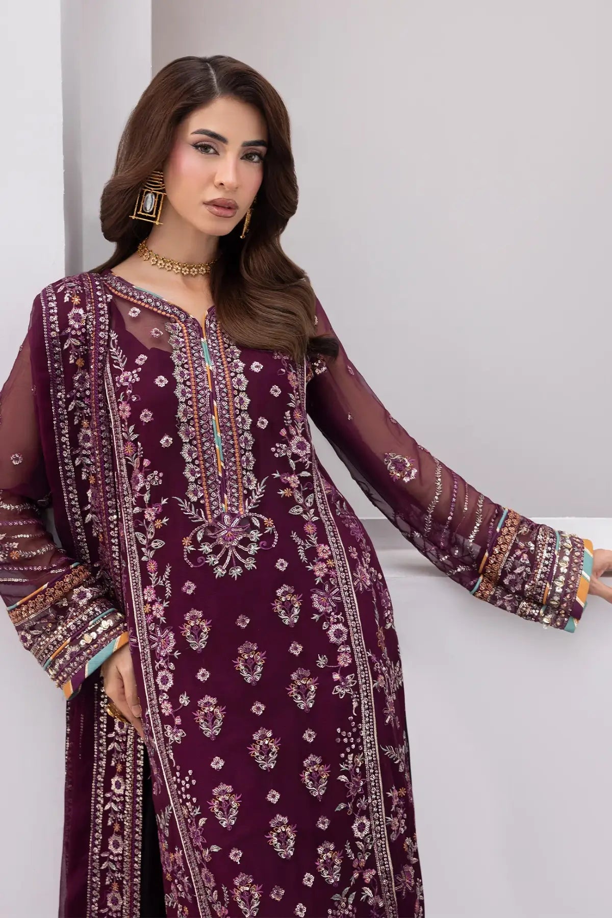 Etincelle Gulaal Maeri Luxury Chiffon Plum Stitched 3PC Suit with embroidered chiffon shirt, dupatta and raw silk trousers