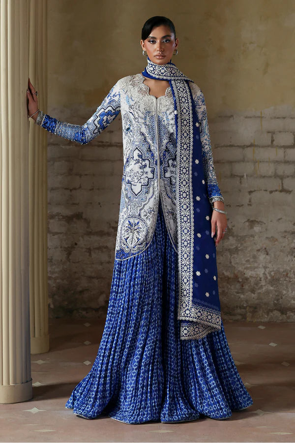 Evadia Soraya Lumene Festive White Blue Stitched Sharara Outfit with printed shirt, crushed sharara and dupatta at Pakistanimoda.