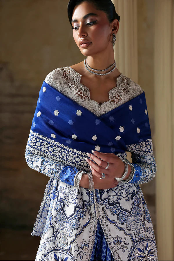 Evadia Soraya Lumene Festive White Blue Stitched Sharara Outfit with printed shirt, crushed sharara and dupatta at Pakistanimoda.
