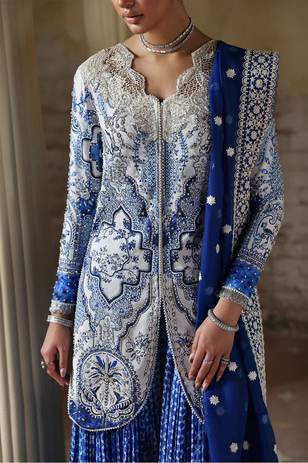 Evadia Soraya Lumene Festive White Blue Stitched Sharara Outfit with printed shirt, crushed sharara and dupatta at Pakistanimoda.