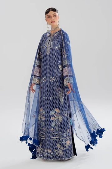 Évara Soraya Silk Edit '26 deep blue silk embroidered stitched 4PC suit with tasselled net dupatta