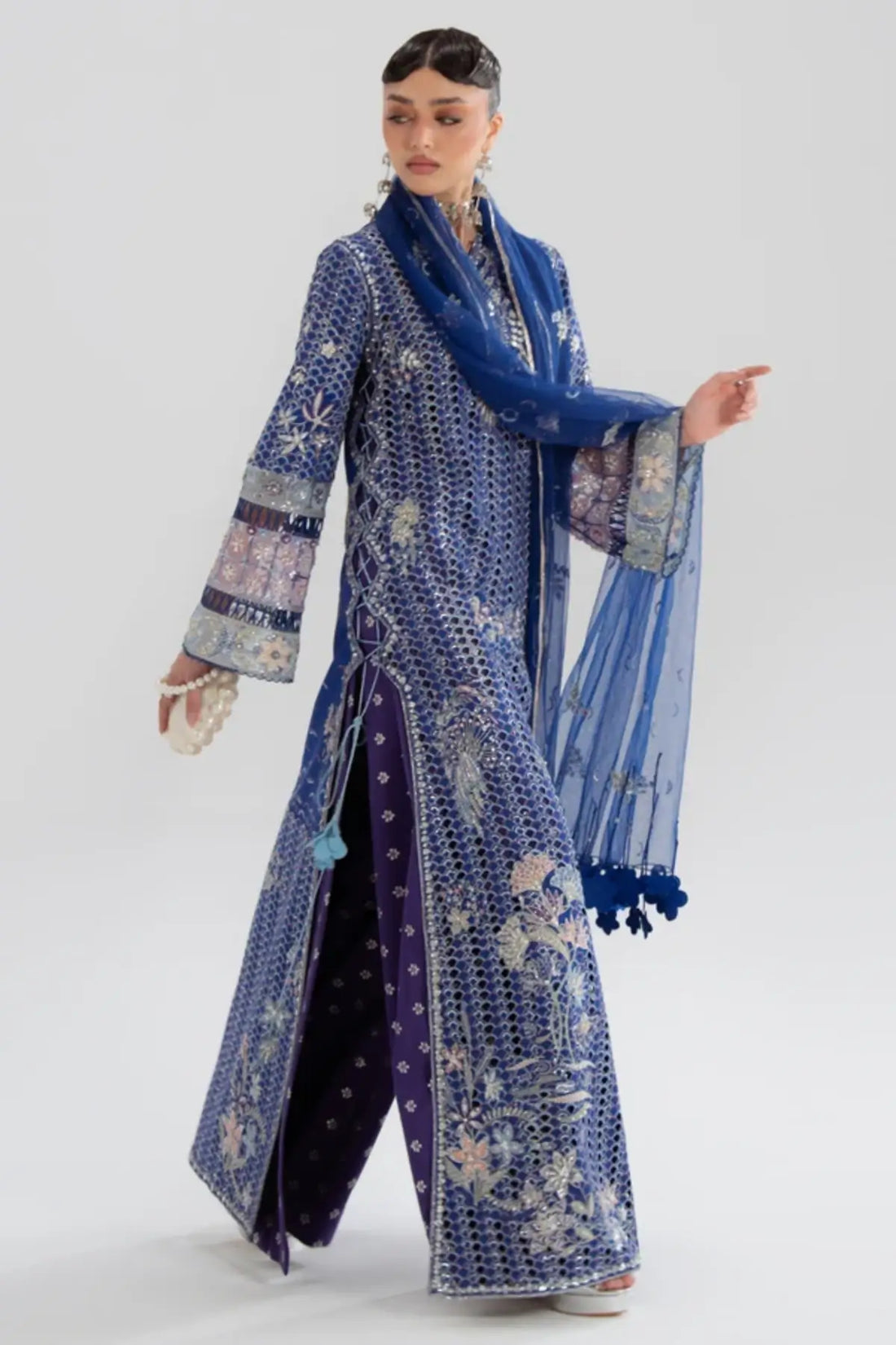 Évara Soraya Silk Edit '26 deep blue silk embroidered stitched 4PC suit with tasselled net dupatta