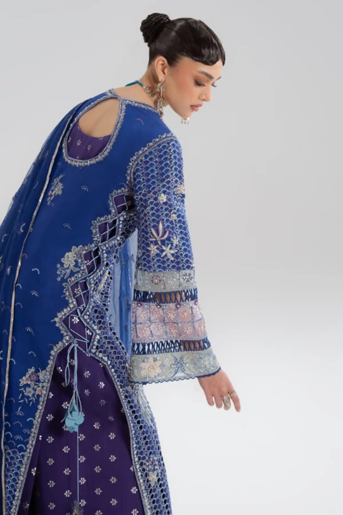 Évara Soraya Silk Edit '26 deep blue silk embroidered stitched 4PC suit with tasselled net dupatta