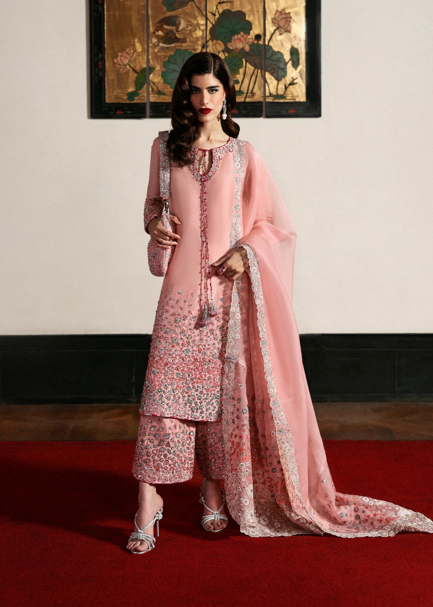 Evara – Blush pink raw silk outfit with hand embroidery and organza dupatta – Pakistani festive wear at Pakistanimoda