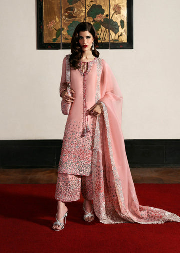Evara – Blush pink raw silk outfit with hand embroidery and organza dupatta – Pakistani festive wear at Pakistanimoda