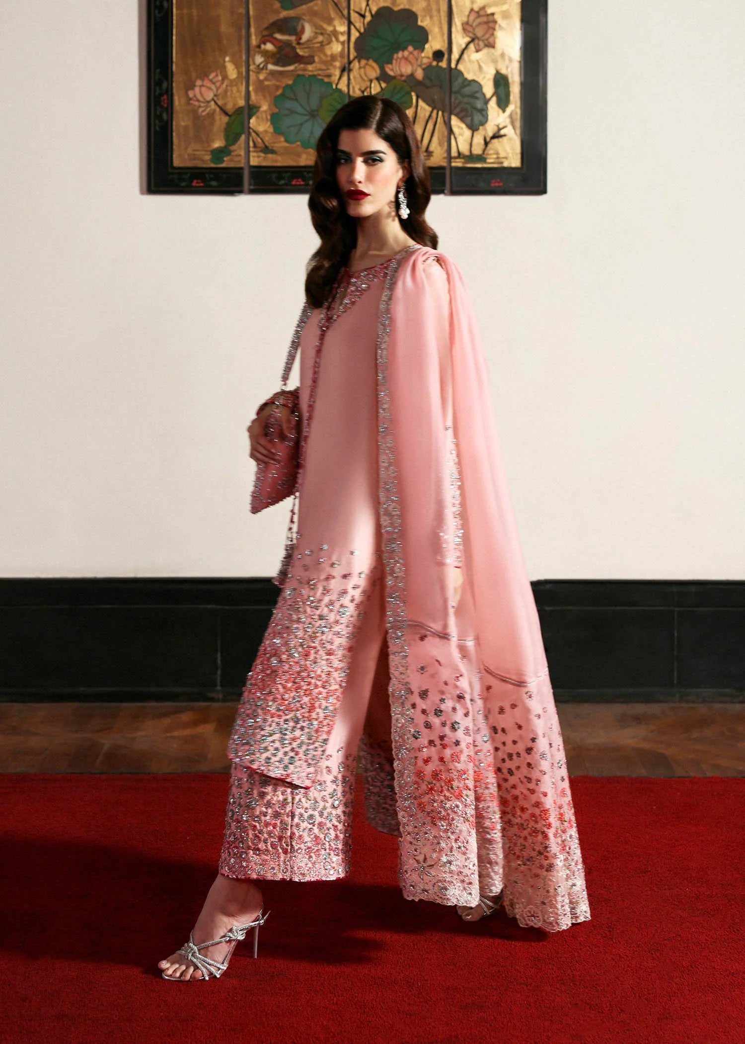 Evara – Blush pink raw silk outfit with hand embroidery and organza dupatta – Pakistani festive wear at Pakistanimoda