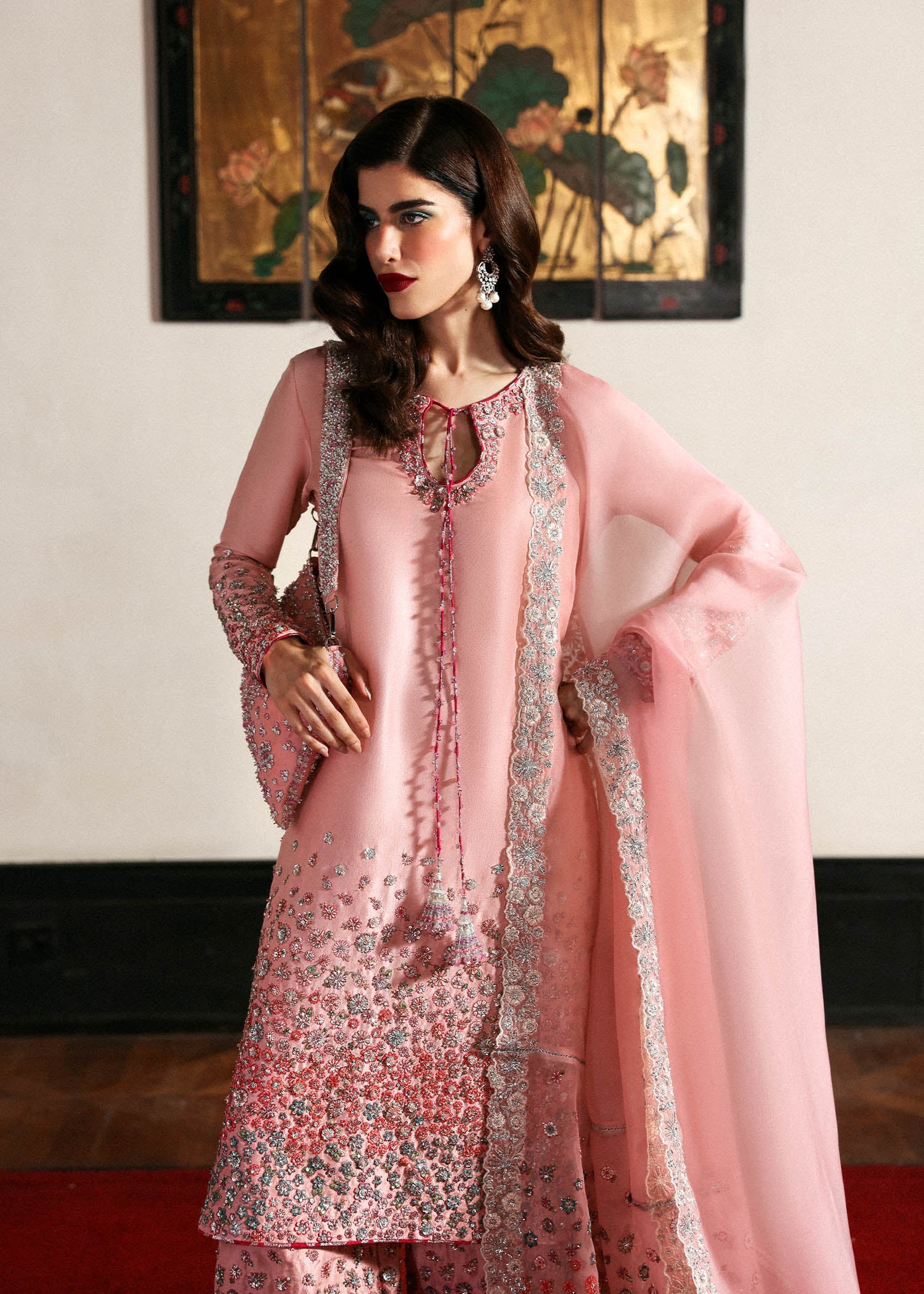 Evara – Blush pink raw silk outfit with hand embroidery and organza dupatta – Pakistani festive wear at Pakistanimoda