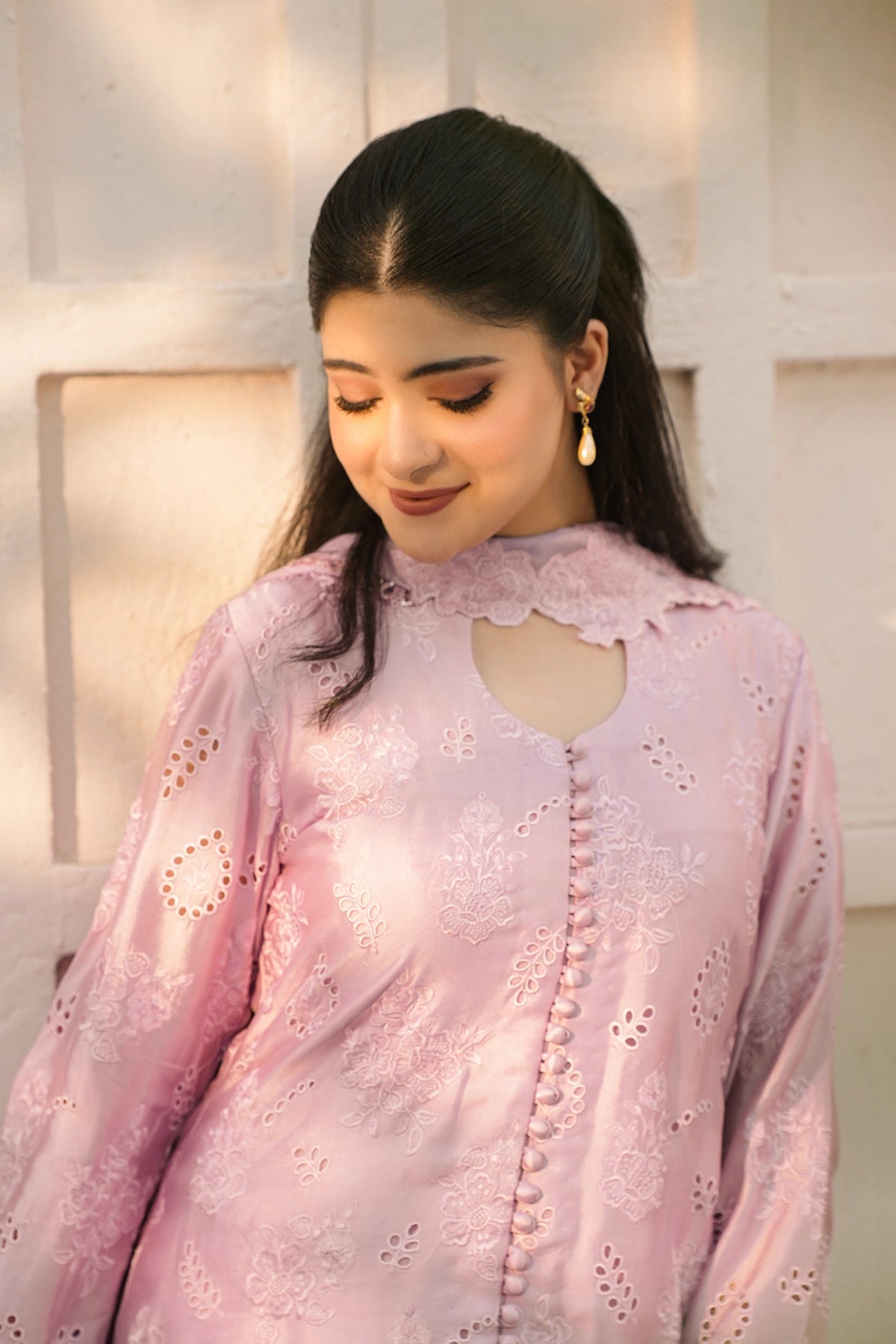 Evelina Lilac Luxury Floral Embroidered Sheesha Silk 3PC Set with Balloon Pants and Medium Silk Choker Dupatta by MariamRaj