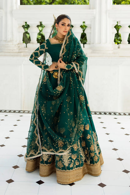 Evergreen stitched Pakistani bridal lehenga choli with embroidered dupatta & red shawl – Erum Khan Jahan Vol IV designer outfit.
