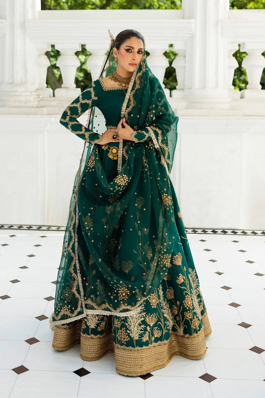 Evergreen stitched Pakistani bridal lehenga choli with embroidered dupatta & red shawl – Erum Khan Jahan Vol IV designer outfit.