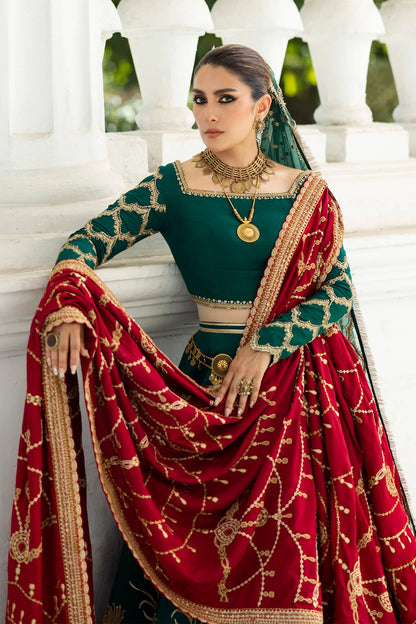 Evergreen stitched Pakistani bridal lehenga choli with embroidered dupatta & red shawl – Erum Khan Jahan Vol IV designer outfit.