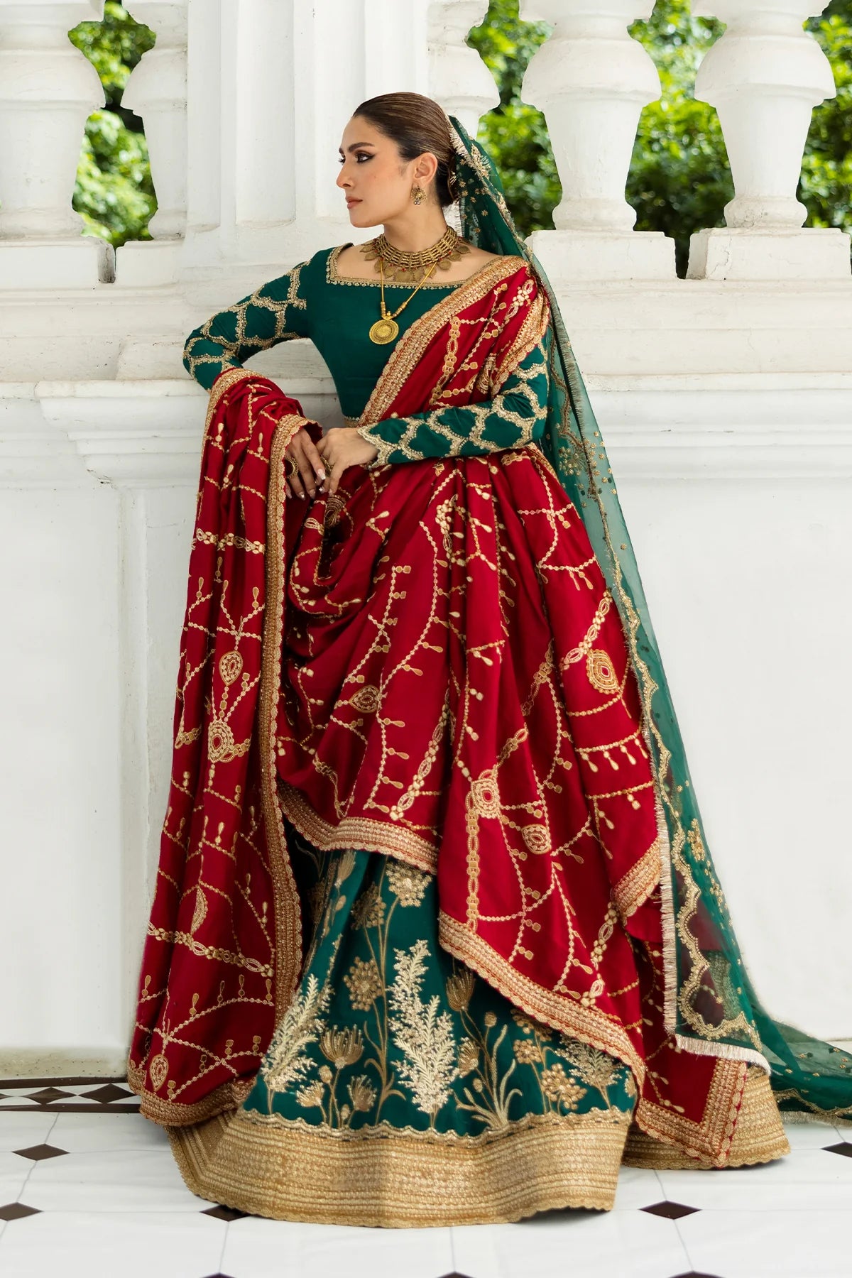 Evergreen stitched Pakistani bridal lehenga choli with embroidered dupatta & red shawl – Erum Khan Jahan Vol IV designer outfit.