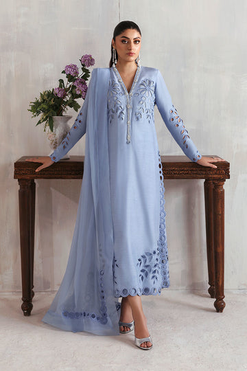 Blue Korean raw silk long shirt with matching trousers and chiffon dupatta – elegant Pakistani outfit for Eid and formal wear abroad