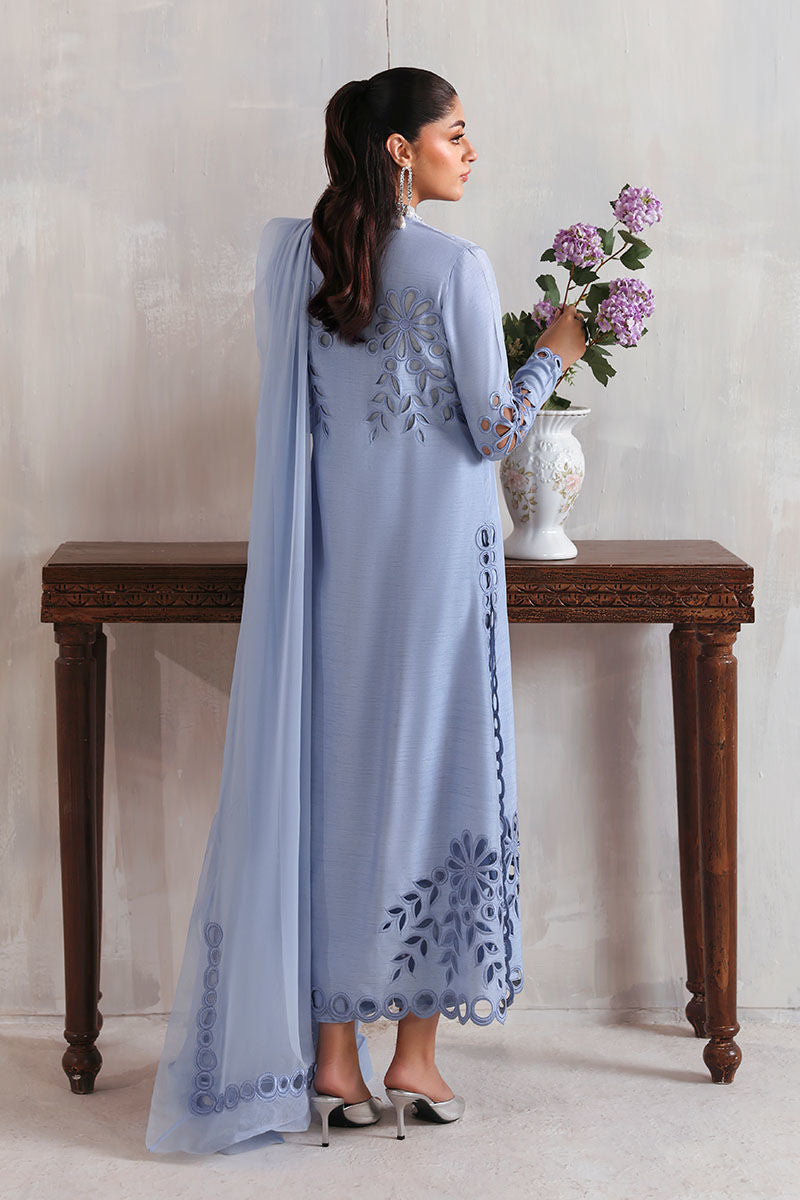 Blue Korean raw silk long shirt with matching trousers and chiffon dupatta – elegant Pakistani outfit for Eid and formal wear abroad