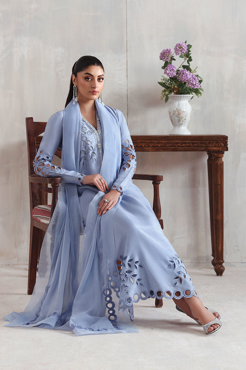 Blue Korean raw silk long shirt with matching trousers and chiffon dupatta – elegant Pakistani outfit for Eid and formal wear abroad