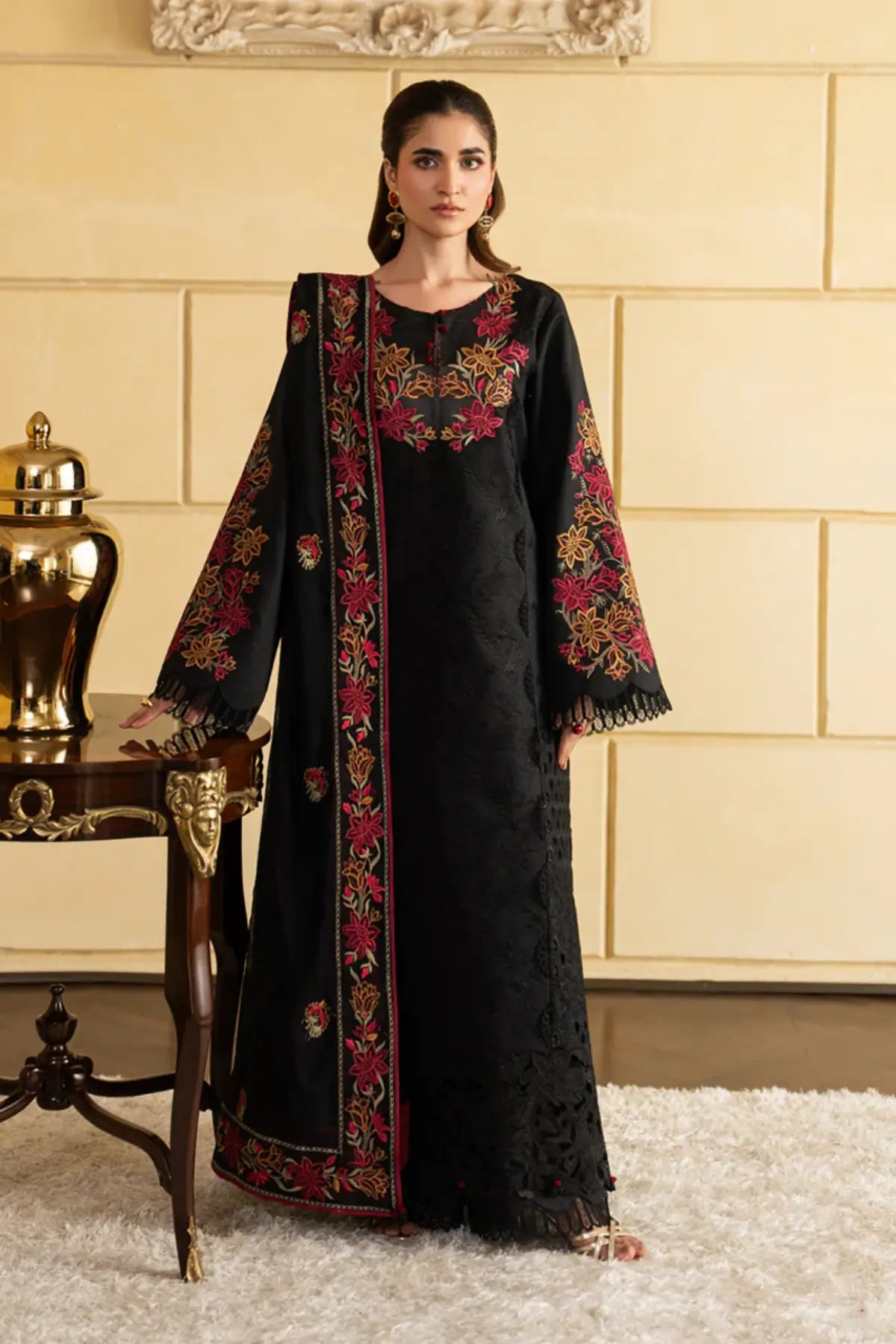 Ezra Graphite Black lawn stitched 3 piece suit by Rang Rasiya Carnation Eid Edit 2026 with cotton net dupatta
