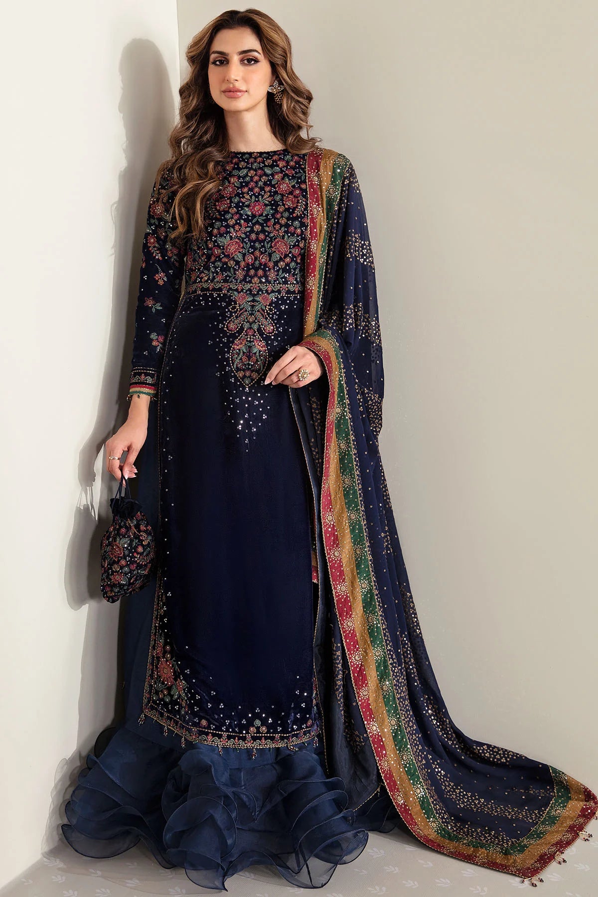 VF-2005 Jazmin Navy Blue Velvet Embroidered Formal 3-Piece Suit with Dupatta – Pakistanimoda