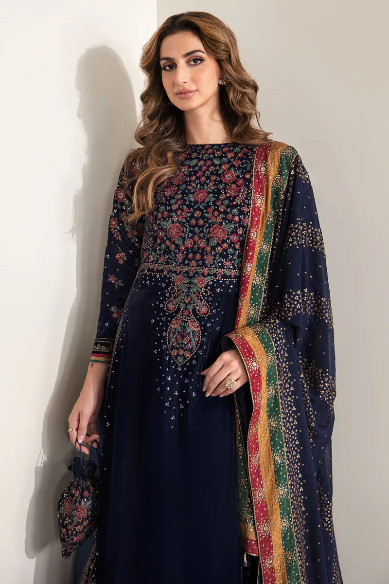 VF-2005 Jazmin Navy Blue Velvet Embroidered Formal 3-Piece Suit with Dupatta – Pakistanimoda
