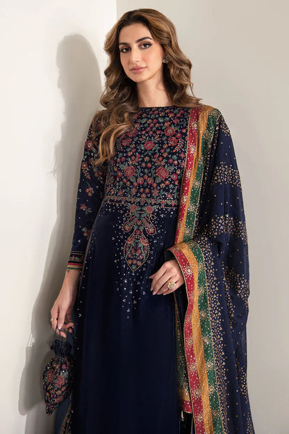 VF-2005 Jazmin Navy Blue Velvet Embroidered Formal 3-Piece Suit with Dupatta – Pakistanimoda