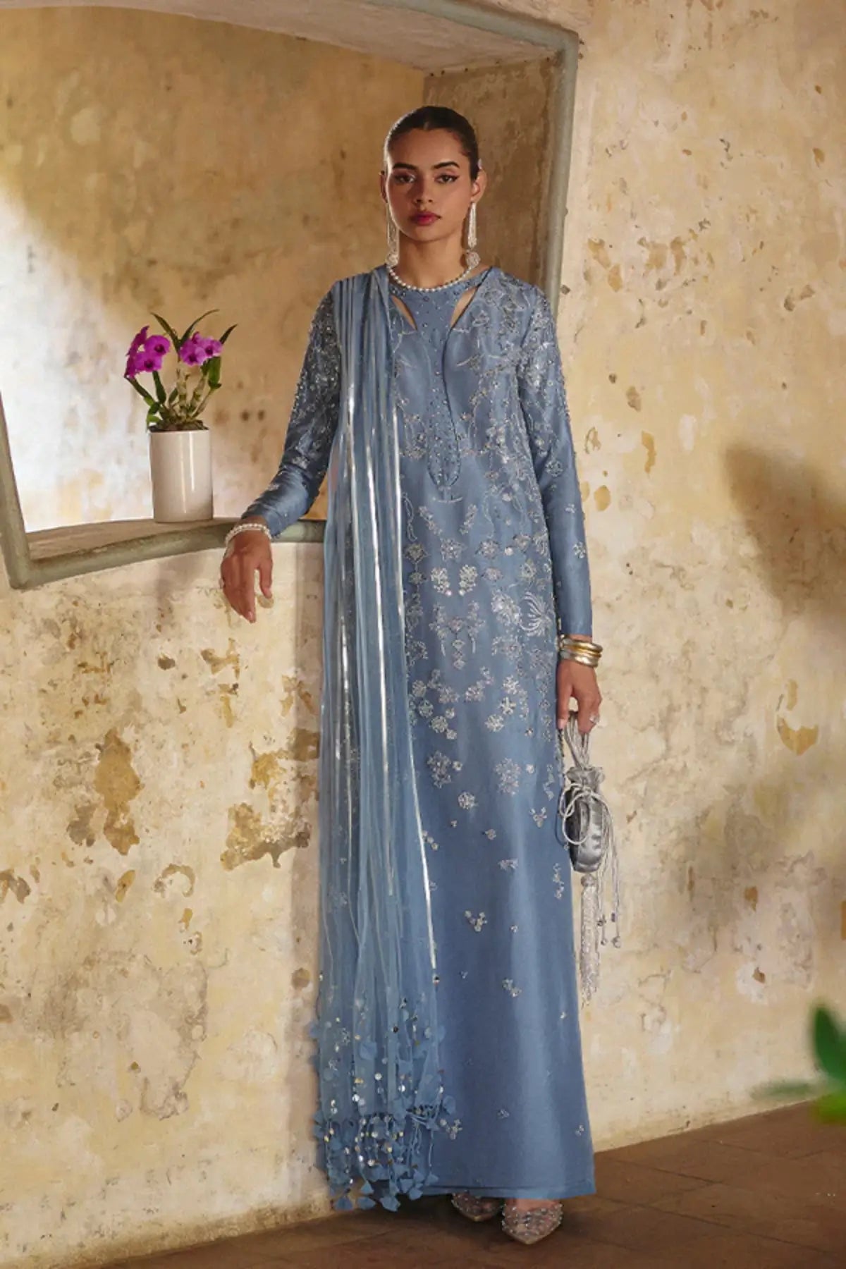 FARIAL muted blue silk 3PC suit by Suffuse with net dupatta at Pakistanimoda