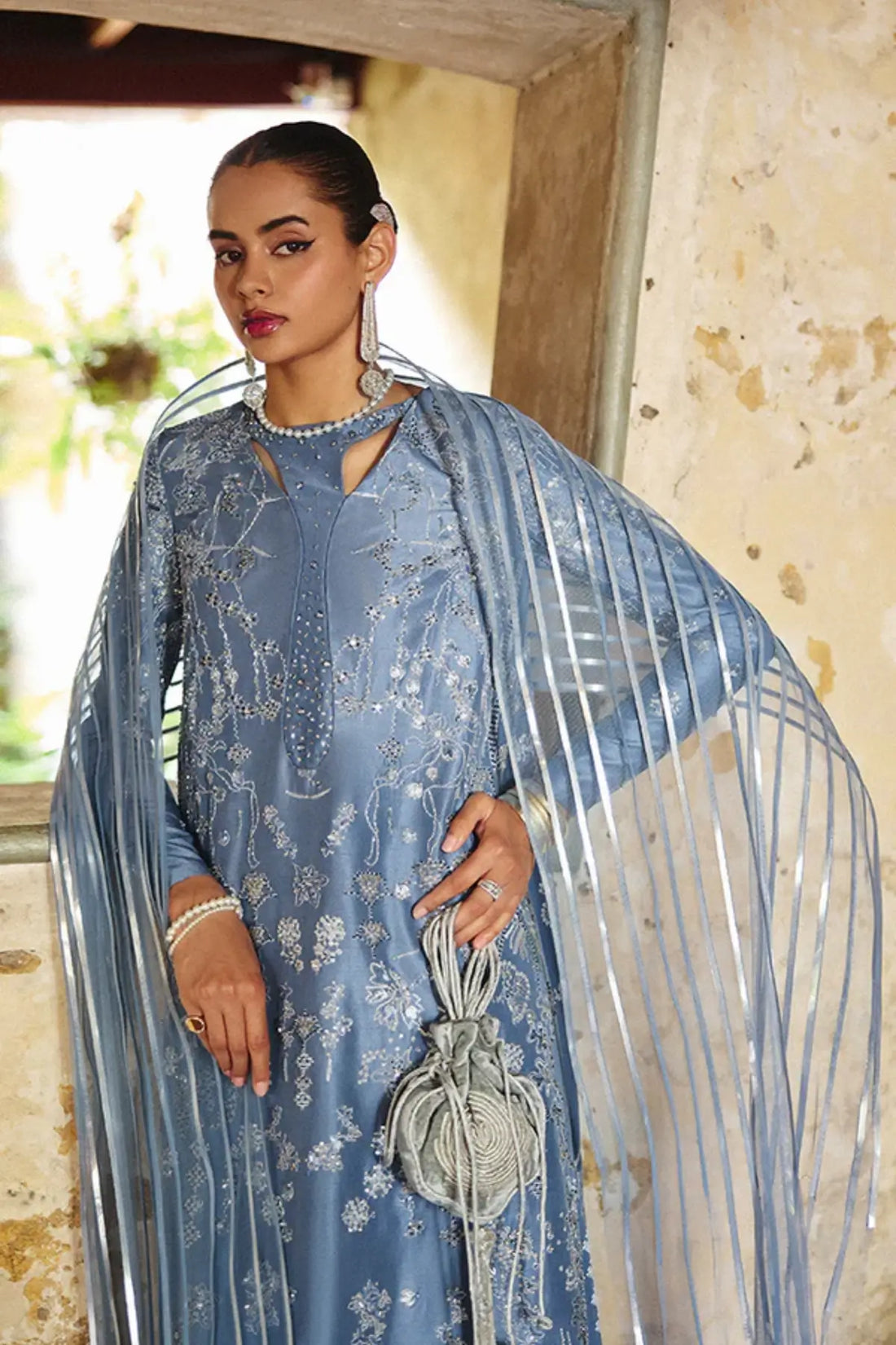 FARIAL muted blue silk 3PC suit by Suffuse with net dupatta at Pakistanimoda