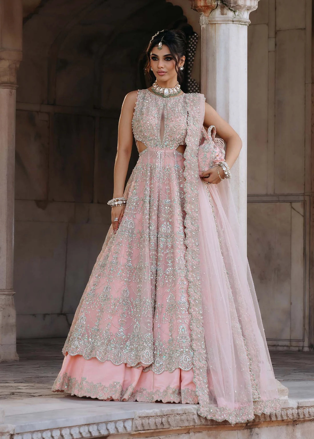 FIDA – Baby pink bridal gown with Korean silk lehenga and embroidered net dupatta. Stitched bridal outfit online at Pakistanimoda.