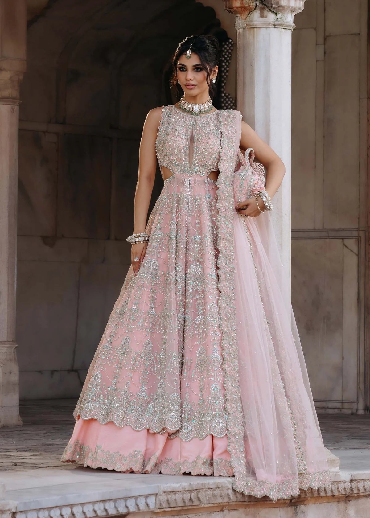 FIDA – Baby pink bridal gown with Korean silk lehenga and embroidered net dupatta. Stitched bridal outfit online at Pakistanimoda.